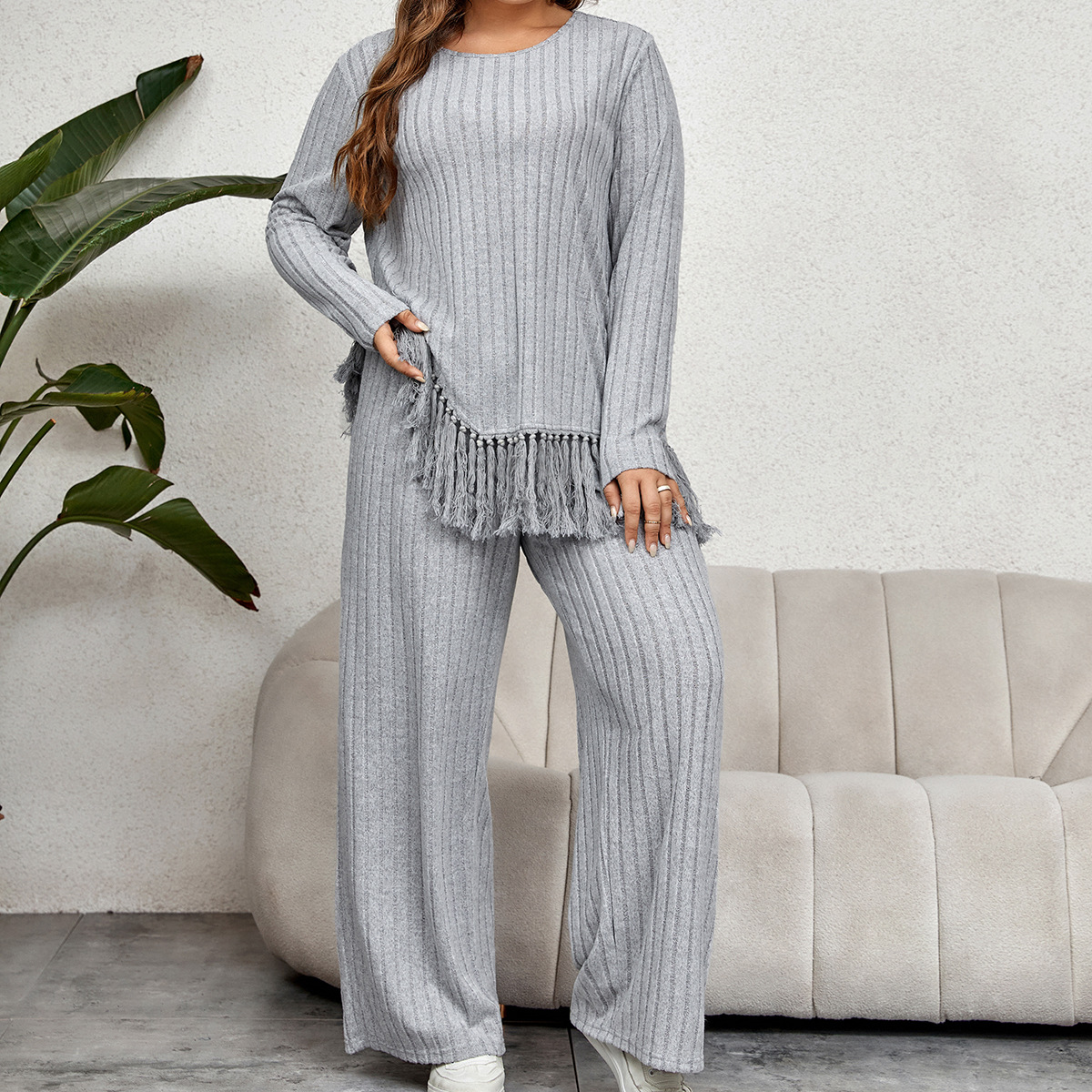 Self-developed European and American cross-border AliExpress Amazon irregular fringed long-sleeved top with loose wide-leg pants set