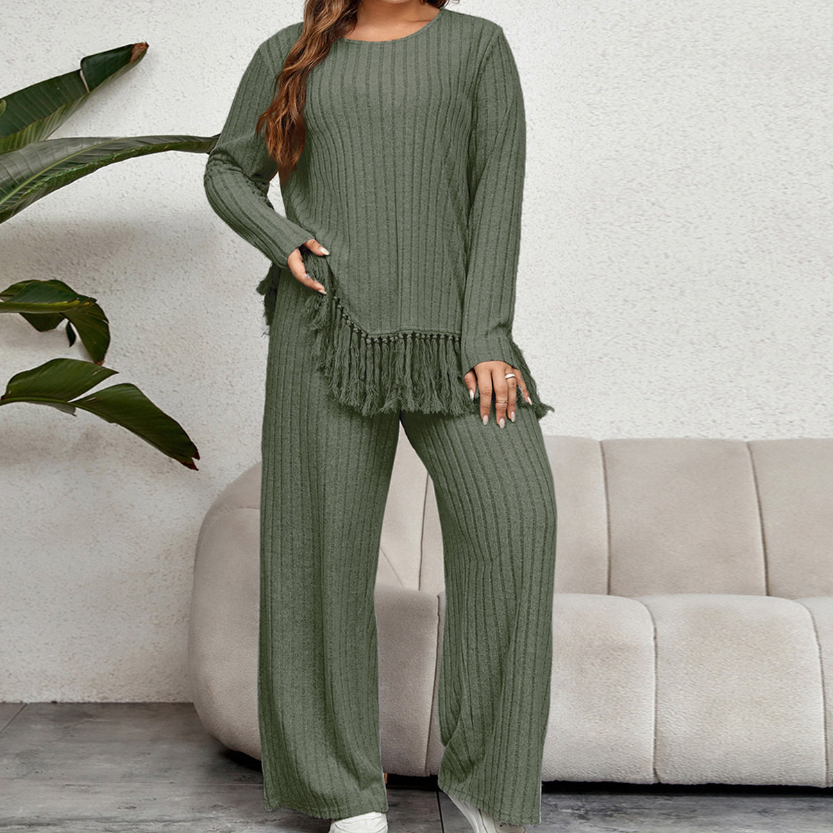 Self-developed European and American cross-border AliExpress Amazon irregular fringed long-sleeved top with loose wide-leg pants set