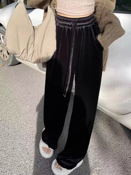 阔腿休闲裤女秋季新款松紧高腰垂感柔顺黑色金丝绒直筒拖地裤