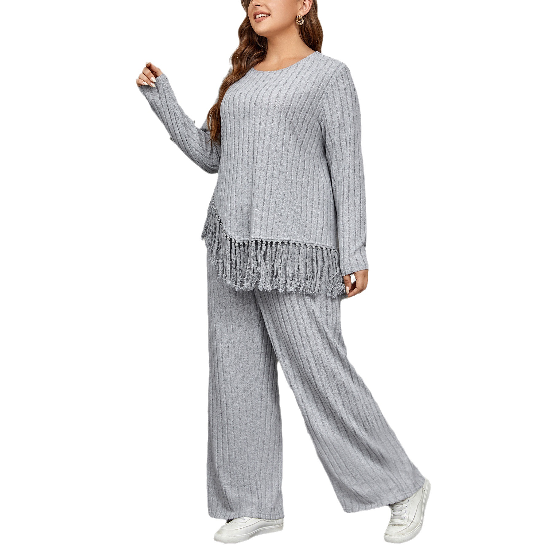 Self-developed European and American cross-border AliExpress Amazon irregular fringed long-sleeved top with loose wide-leg pants set