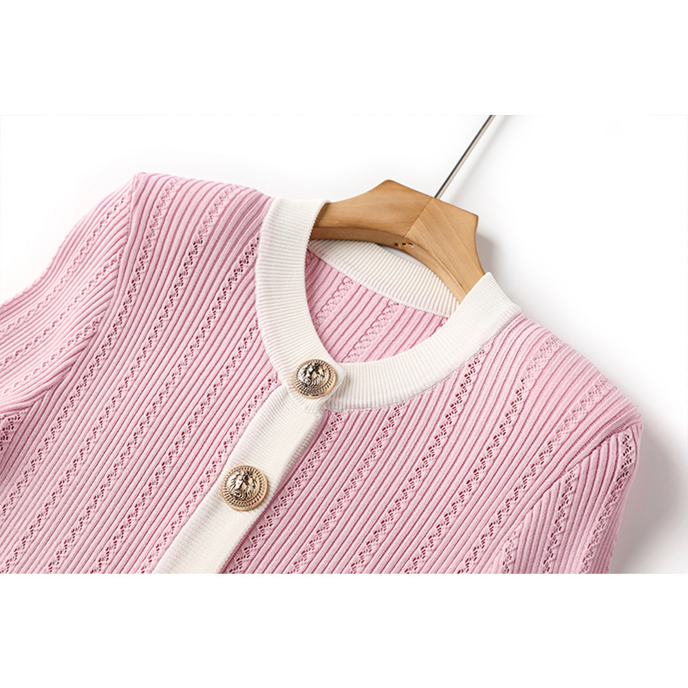 ~In Stock~ Pink and White Contrast Long Sleeve Stud Button Blouse with Waist-Cinching Pencil Skirt, Elegant Socialite Two-Piece Set