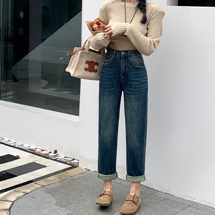 哈伦牛仔裤女2023秋季新款复古百搭高腰宽松直筒显瘦萝卜老爹裤子