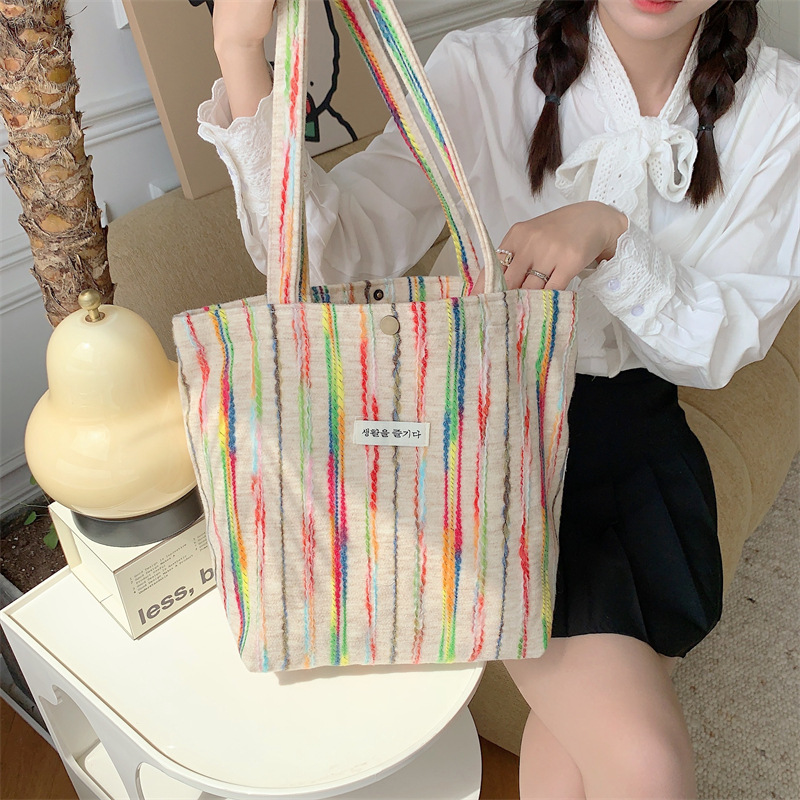 ins韩版彩虹条纹单肩包女士小挎包大容量购物袋休闲托特包学生包