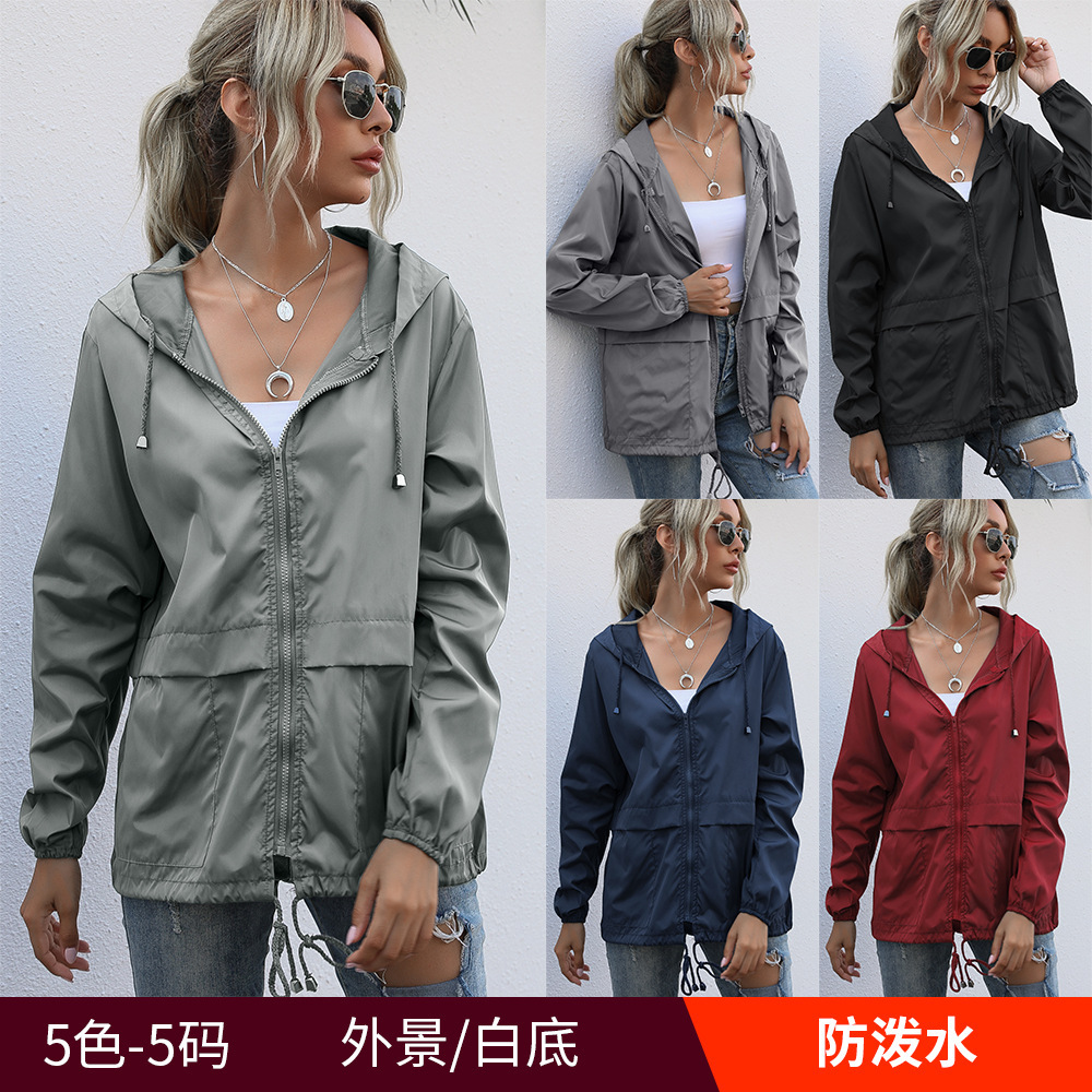 Women's zippered hooded lightweight outdoor hiking raincoat is now available