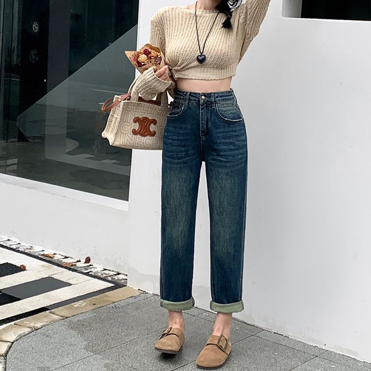 哈伦牛仔裤女2023秋季新款复古百搭高腰宽松直筒显瘦萝卜老爹裤子