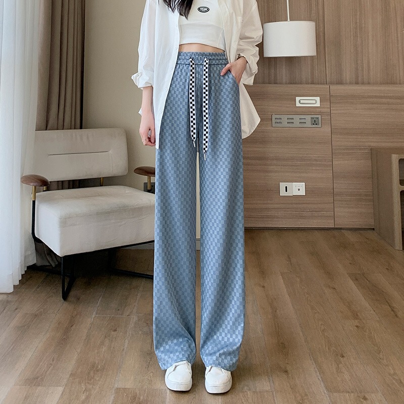 夏季清凉冰丝设计薄款休闲裤女2023新款垂感格子高腰休闲阔腿长裤