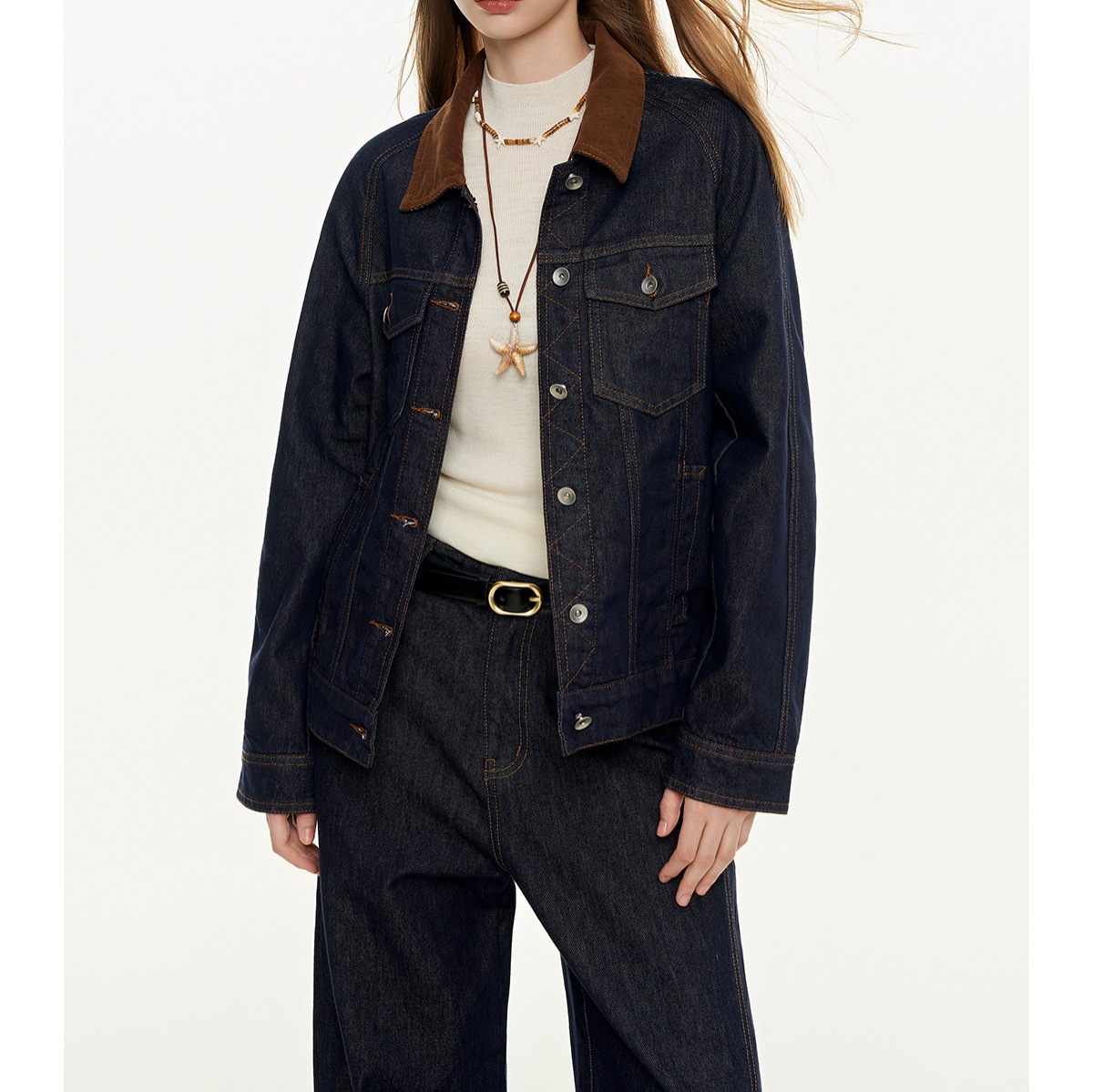 MoodBerry Women's American Vintage Denim Jacket, New Autumn Color Contrast Collar Multi-functional Casual Top