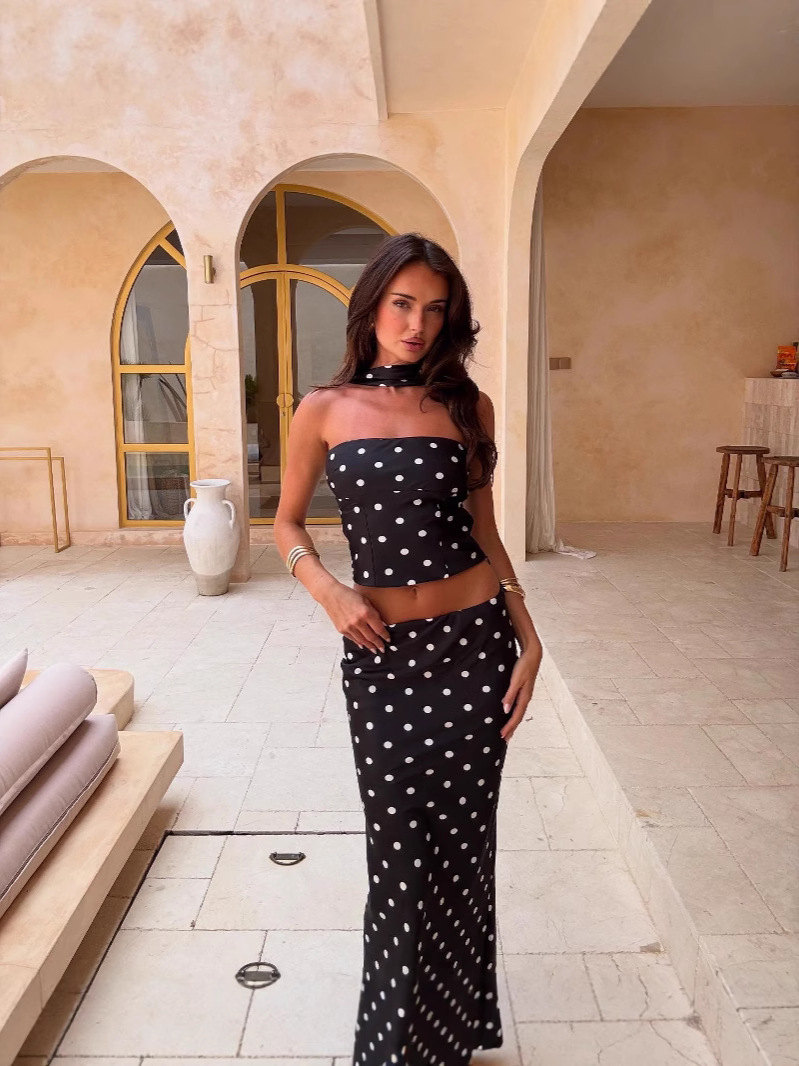 2025 Summer New European and American Style Dotted Print Crop Top Camisole and Skirt Two-Piece Set