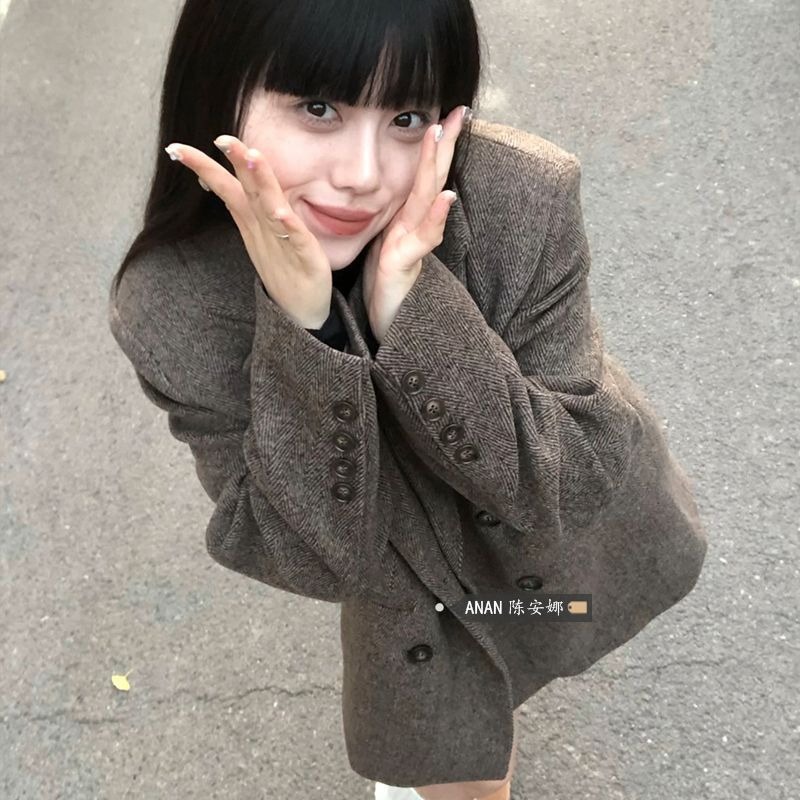 High-end vintage coffee-colored wool suit jacket for women, winter, niche style, loose and casual, thickened wool coat