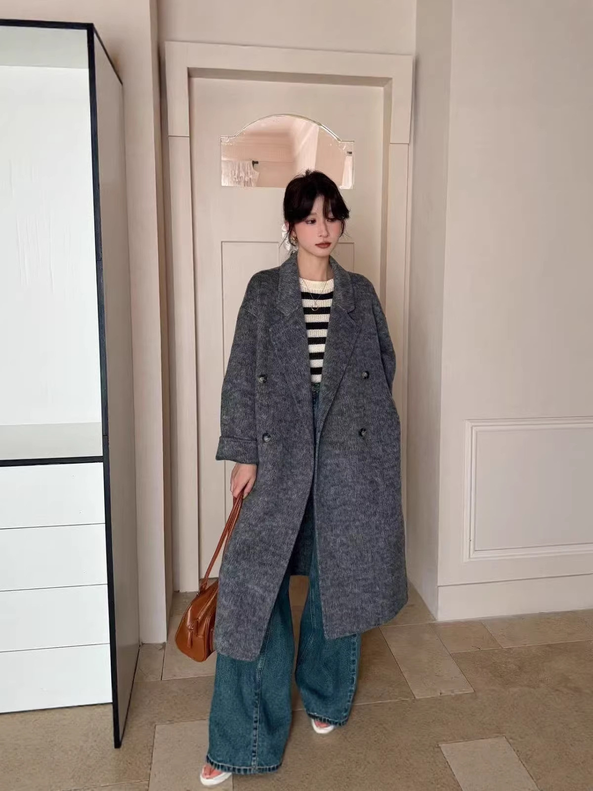 [New Alpaca] High-end double-faced wool, hand-sewn women's long coat, Korean style, Dongdaemun