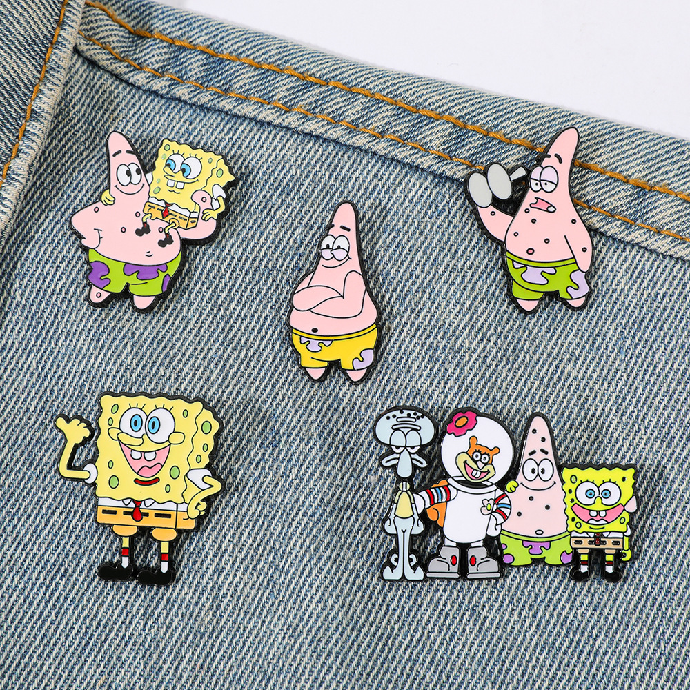 Creative metal badge of cartoon SpongeBob, cute Squidward and Patrick star alloy brooch, coat accessory pin