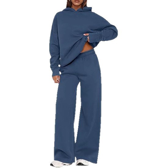 Two-piece women's sport set, including a solid color, long-sleeved, hooded sweatshirt with fleece lining and loose, wide-leg sports pants, suitable for autumn and winter