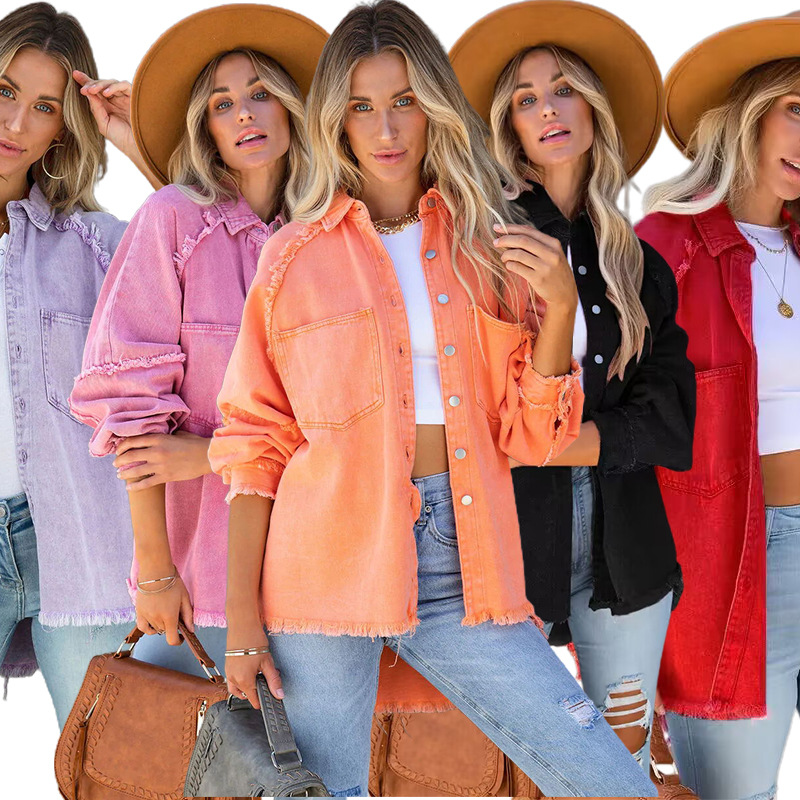 New mid-long loose frayed patch pocket cross-border Amazon shirt denim jacket for women