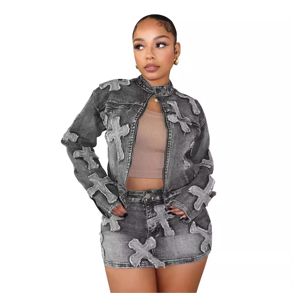 Spring new denim skirt set S8505 in stock, popular for cross-border sales in Europe and America, featuring an embroidered denim short skirt and jacket set