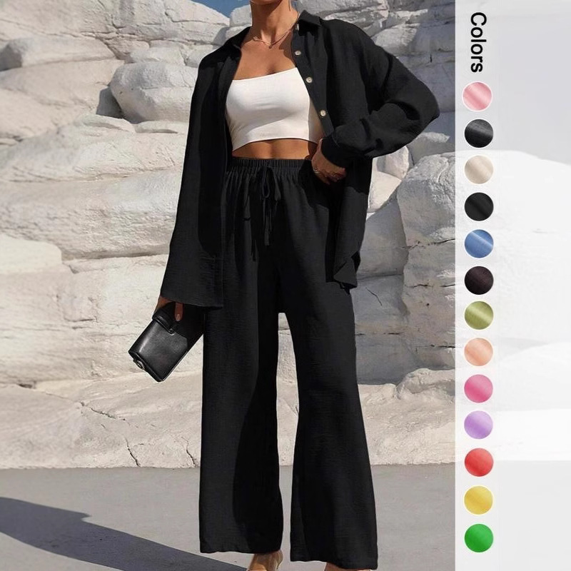 Cross-border foreign trade women's wear Amazon TK solid color long cardigan and pants, fashionable and elegant new women's shirt set