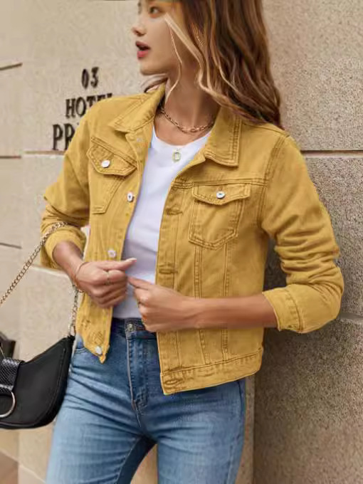 2024 New Cross-border European and American Fashion Trend Turn-down Collar Pocket Single Row Button Short Denim Jacket