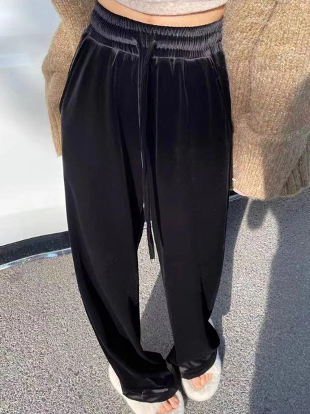 阔腿休闲裤女秋季新款松紧高腰垂感柔顺黑色金丝绒直筒拖地裤