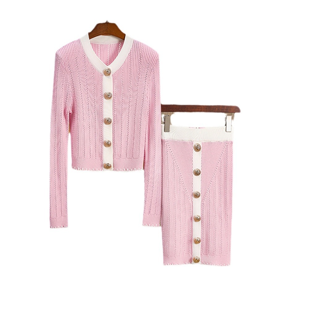 ~In Stock~ Pink and White Contrast Long Sleeve Stud Button Blouse with Waist-Cinching Pencil Skirt, Elegant Socialite Two-Piece Set