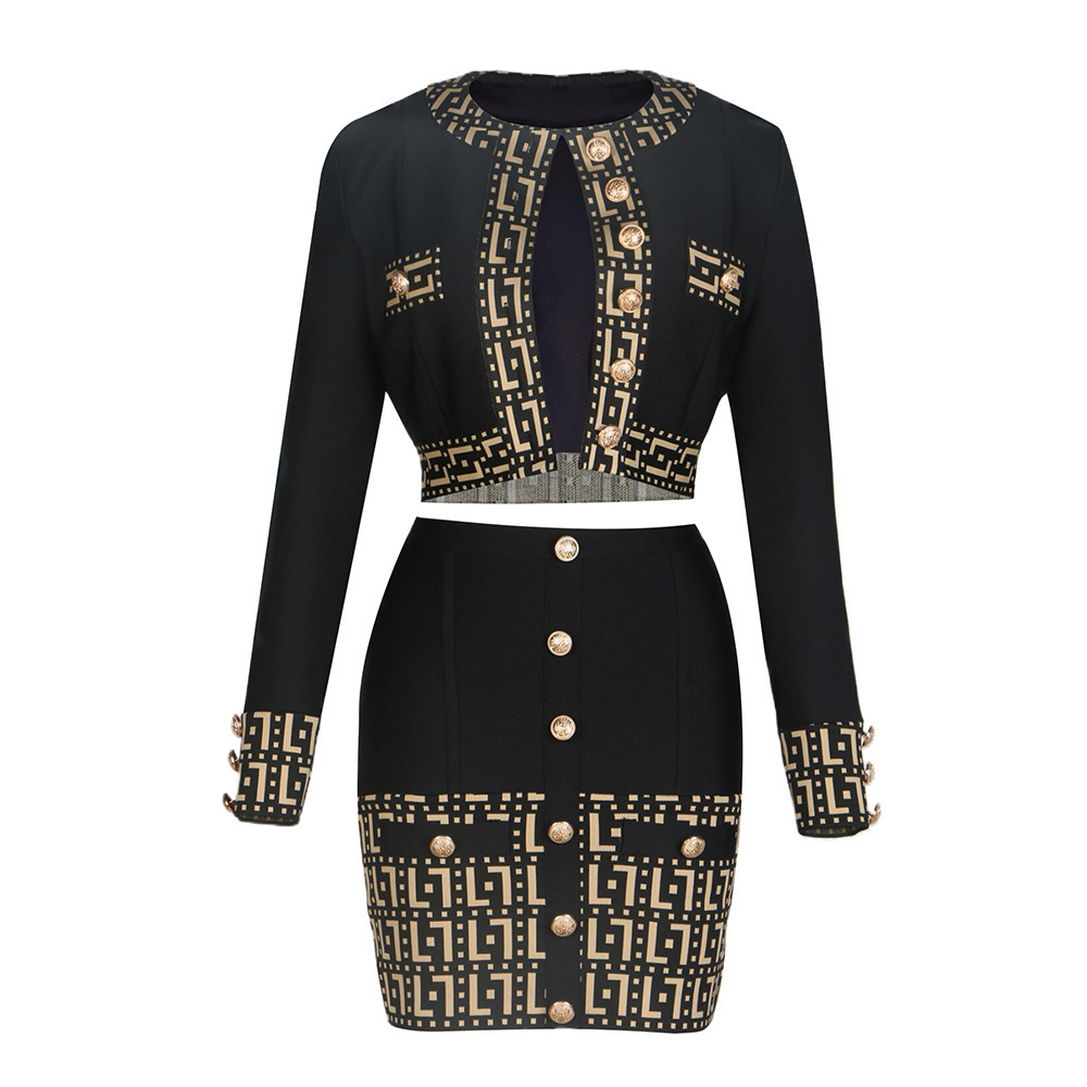 AliExpress best-selling fashion jacquard metal button short cardigan and hot mini skirt set for business wear